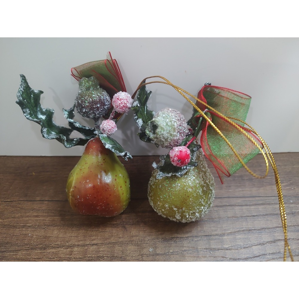 Vtg Artificial Fruit Christmas Ornament Lot Of 2 Pears One Frosted  One Not A8